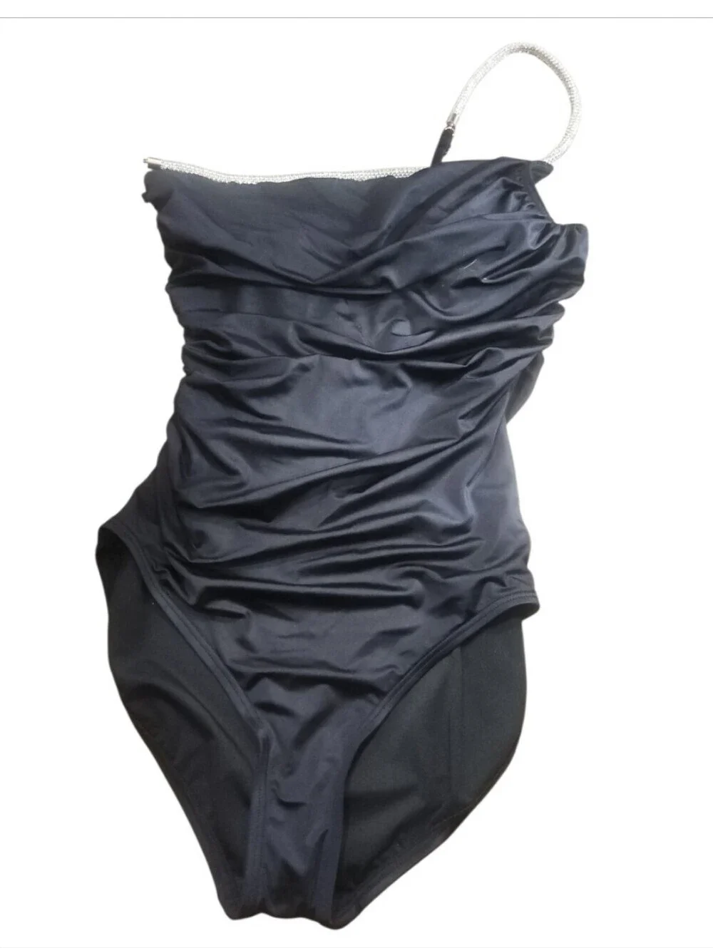 Carmen Marc Valvo Starlight Lux One Shoulder One Piece Swimsuit Black 12 NWT